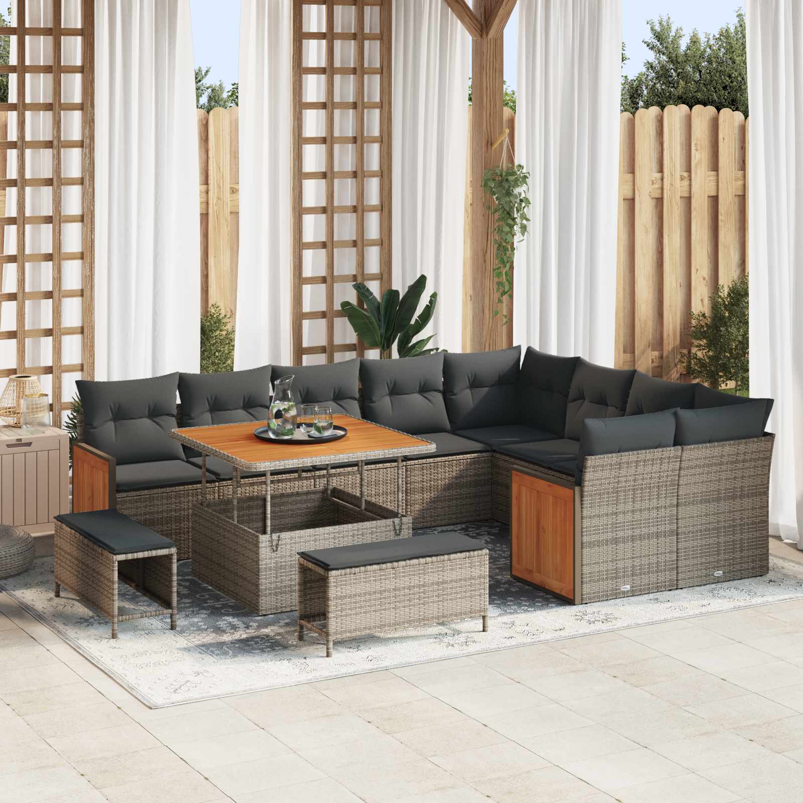 Tuinbankenset 12 pcs Grijs Poly rattan en gepoedercoat staal