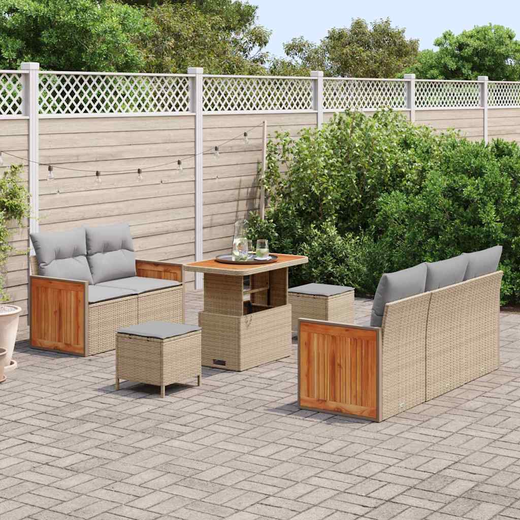 vidaXL 8-delige Tuinbankenset met kussens poly rattan acacia beige