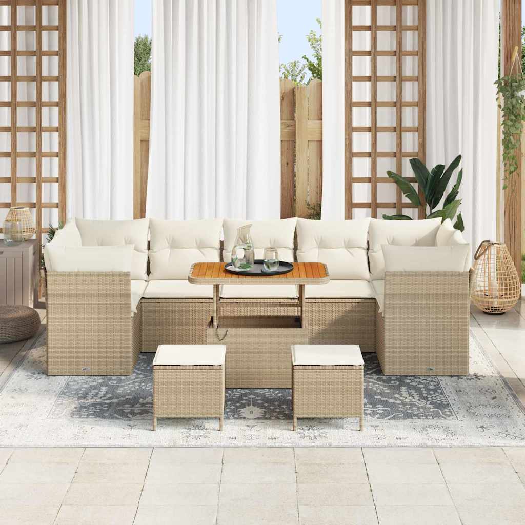 vidaXL 10-delige tuinset met kussens in beige poly rattan en acacia