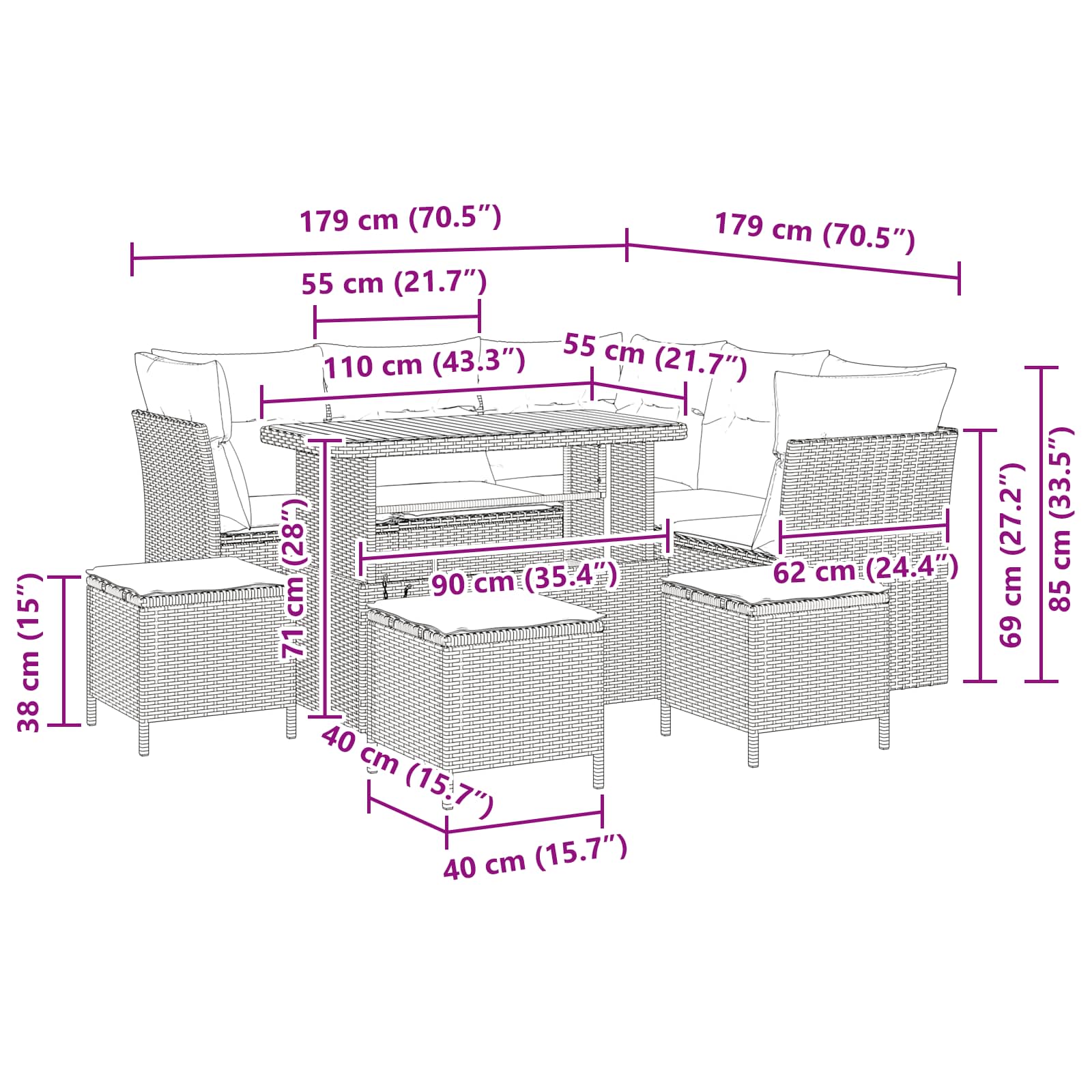 Vrtna sedežna garnitura z blazino s shranjevanjem 9 pcs Črna - slika 12