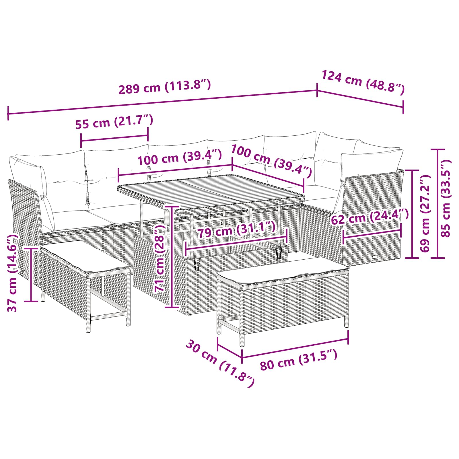Vrtna sedežna garnitura z blazino s shranjevanjem 9 pcs Črna - slika 12
