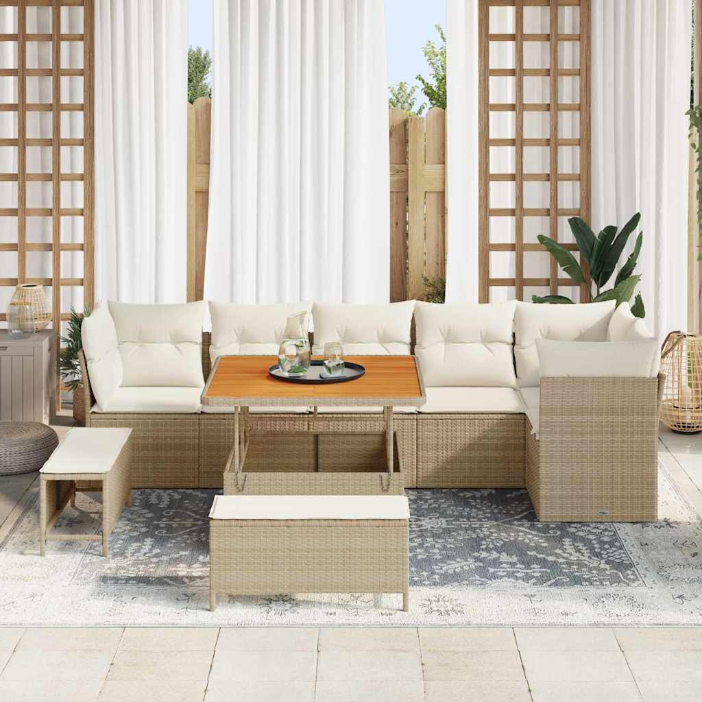 vidaXL 9-delige Tuinbankenset met kussens poly rattan acacia beige