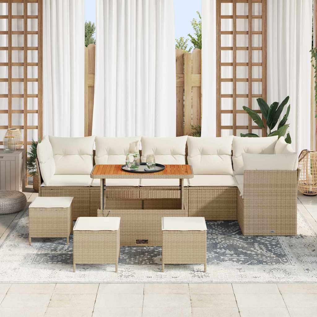 vidaXL 10-delige Tuinbankenset met kussens poly rattan acacia beige