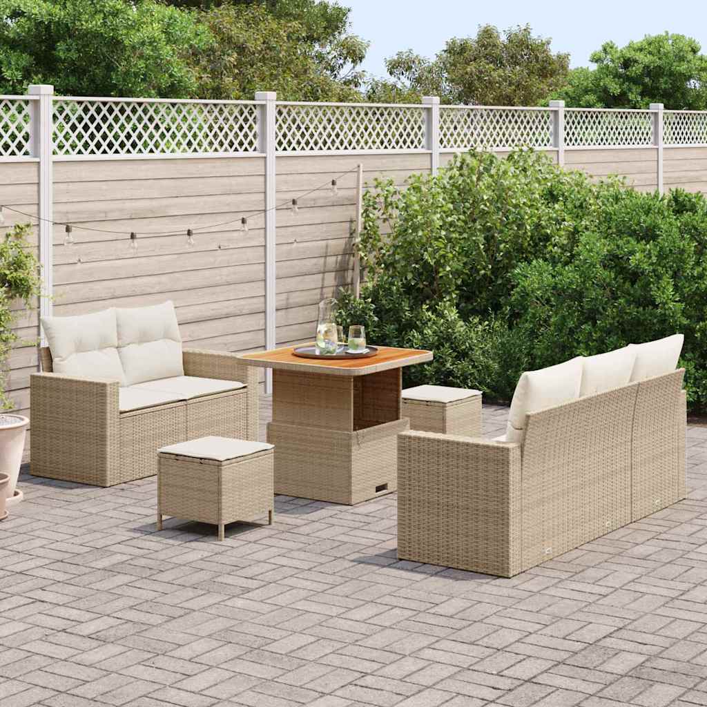 vidaXL 8-delige tuinbankset met kussens in beige poly rattan en acacia