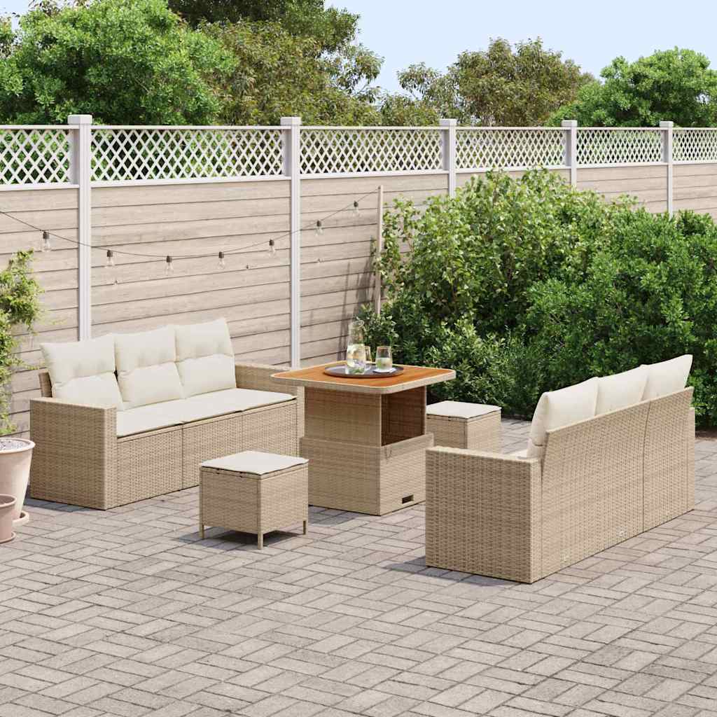 vidaXL 9-delige Tuinbankenset met kussens poly rattan acacia beige