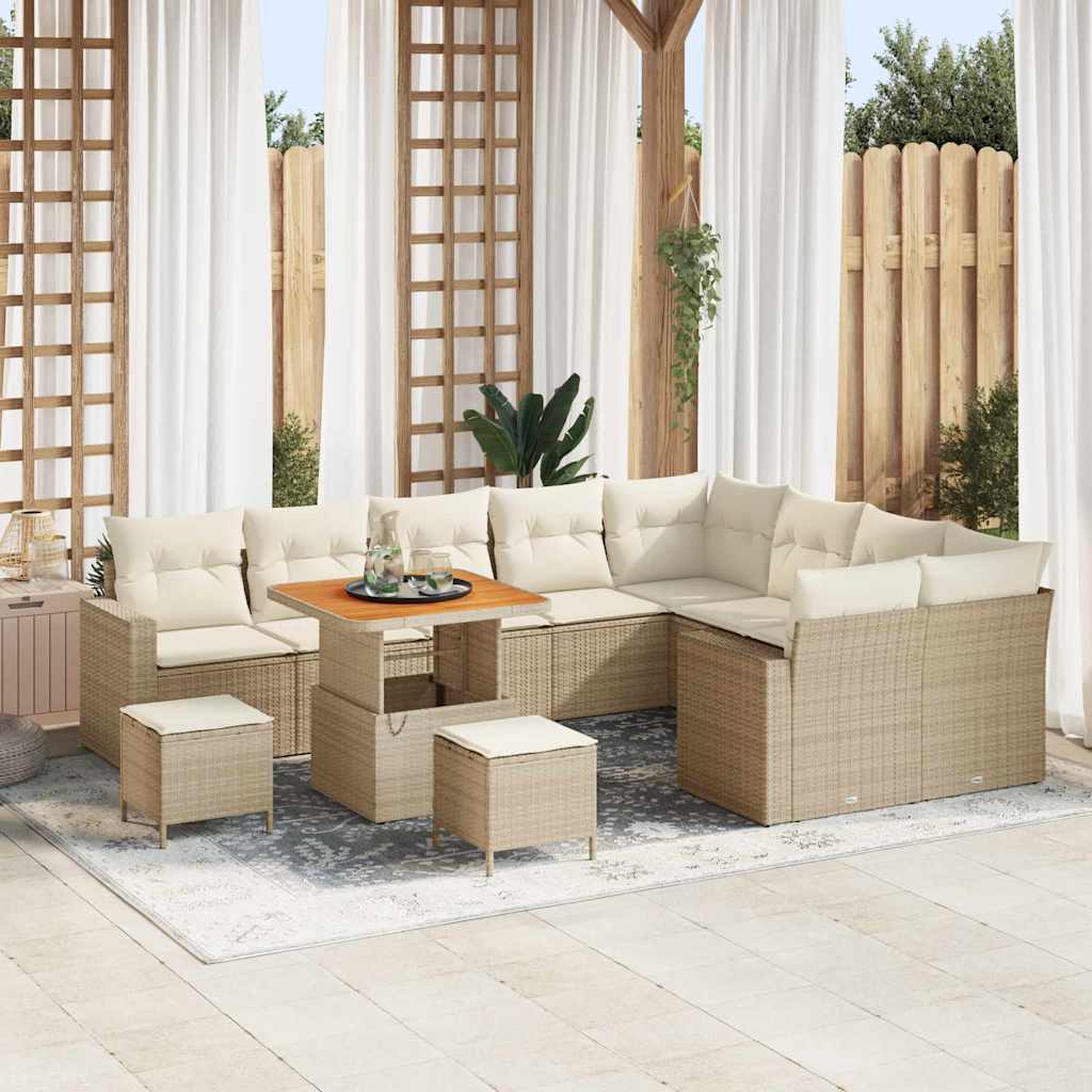 12 Piece Garden Sofa Set с възглавници Бежов Полиратан Акация