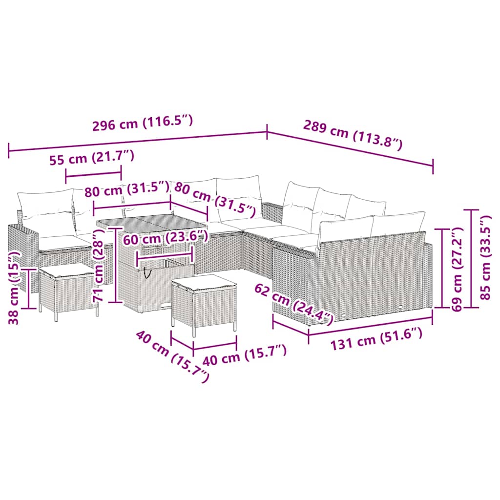 Vrtna sedežna garnitura 17 pcs Črna in krem poli ratan - slika 12