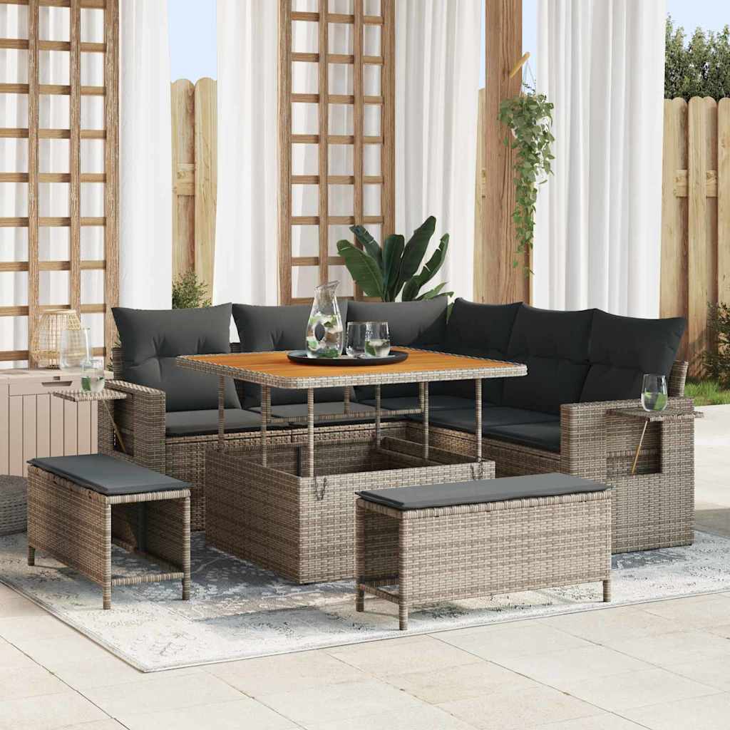 8 Piece Garden Sofa Set with Cushions Grey Poly Rattan Acacia, vidaXL 3 Piece Garden Dining Set with Cushions Grey Poly Rattan Acacia