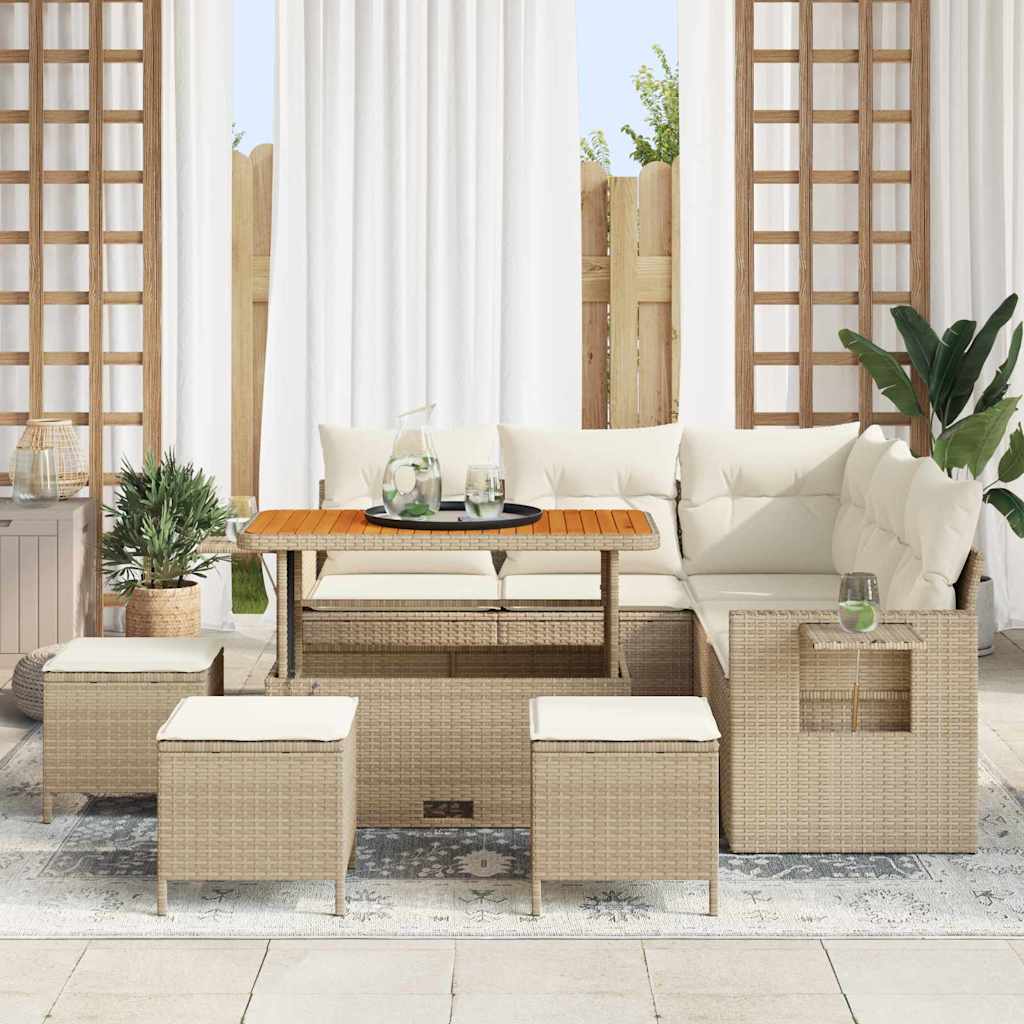 vidaXL 9-delige tuinset met kussens Beige Poly Rattan Acacia