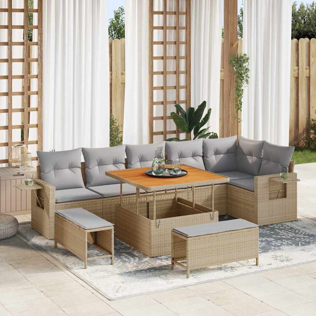 9 Stykker Have Sofa Sæt med Puder Beige Poly Rattan Akacie, vidaXL 3 Stykker Have Spisestue Sæt med Puder Beige Poly Rattan Akacie