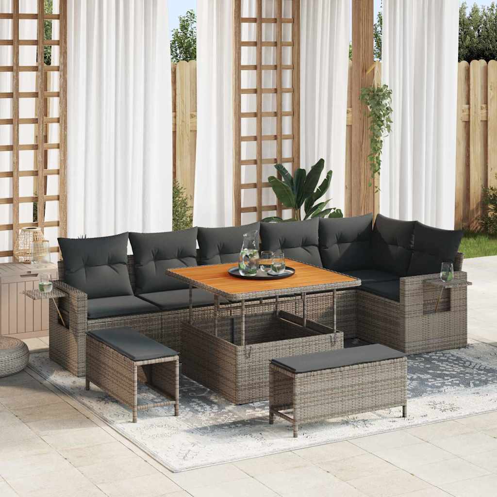 9 Stk Havesofa Sæt med Puder Grå Poly Rattan Akacie, vidaXL 3 Stk Havespisesæt med Puder Grå Poly Rattan Akacie