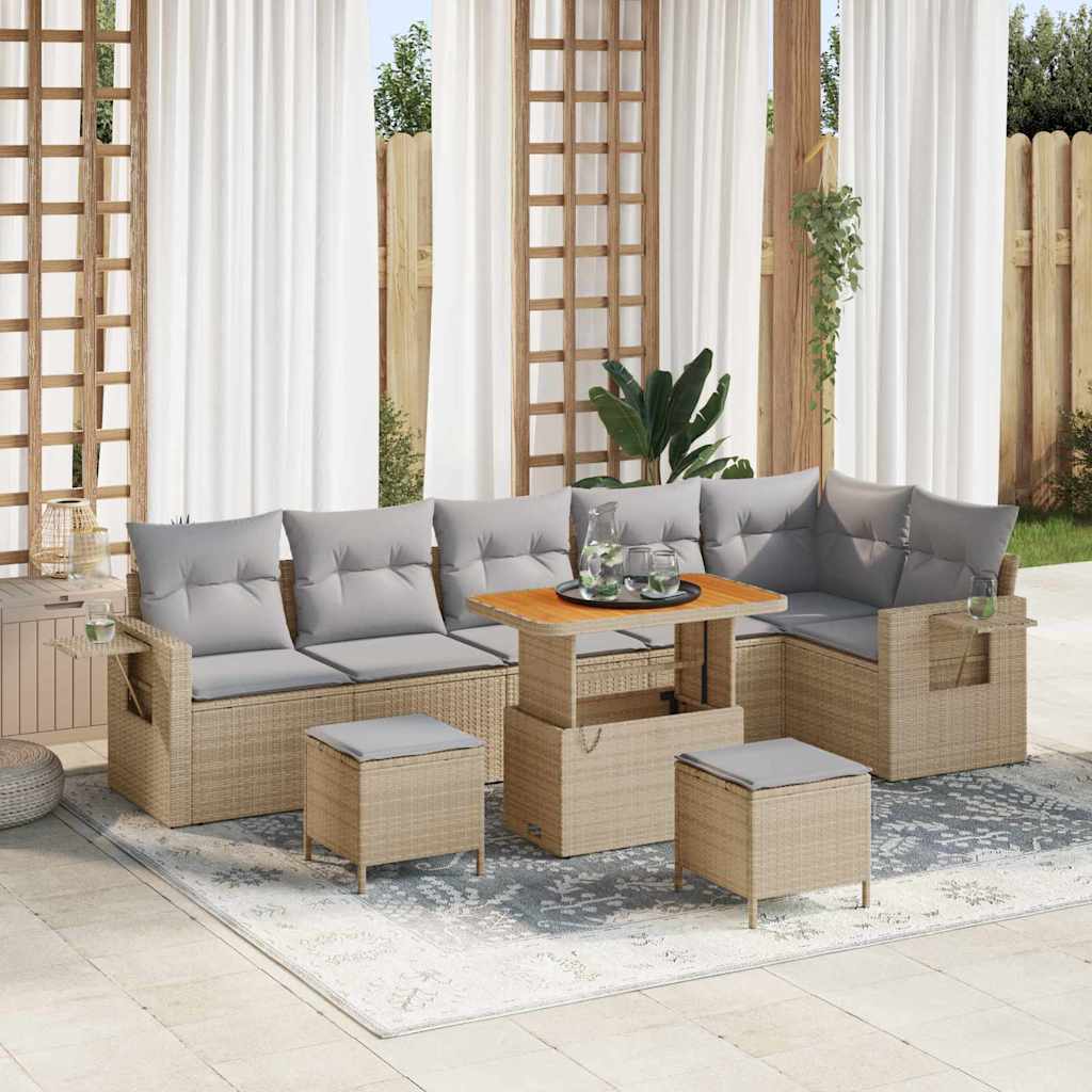 9 Styk Have Sofa Sæt med Puder Beige Poly Rattan Akacietræ, vidaXL 3 Styk Have Spisestue Sæt med Puder Beige Poly Rattan Akacietræ