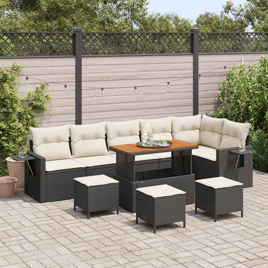 10 Stykker Have Sofa Sæt med Puder Sort Poly Rattan Akacia, vidaXL 4 Stykker Have Spisesæt med Puder Sort Poly Rattan Akacia