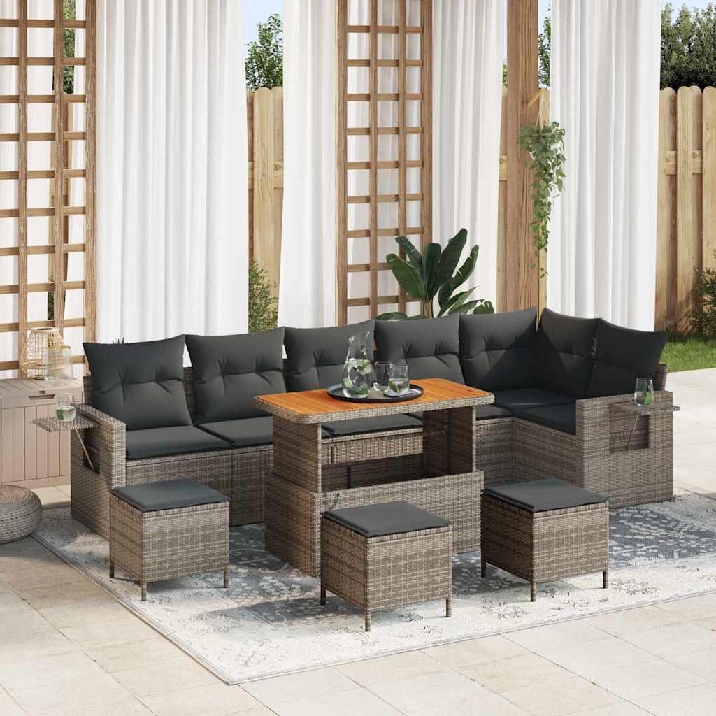 10 Stykker Have Sofa Sæt med Puder Grå Poly Rattan Akacia, vidaXL 4 Stykker Have Spise Sæt med Puder Grå Poly Rattan Akacia