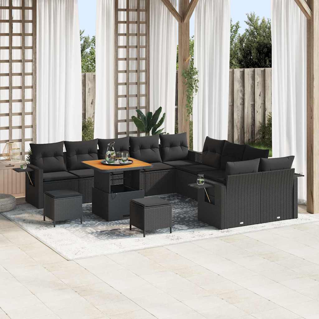 13 Stk Have Sofa Sæt med Puder Sort Poly Rattan Akacia, vidaXL 3 Stk Have Spise Sæt med Puder Sort Poly Rattan Akacia