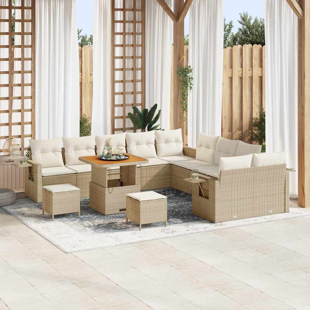 13-teiliges Garten-Sofa-Set mit Kissen Beige Poly-Rattan Akazie