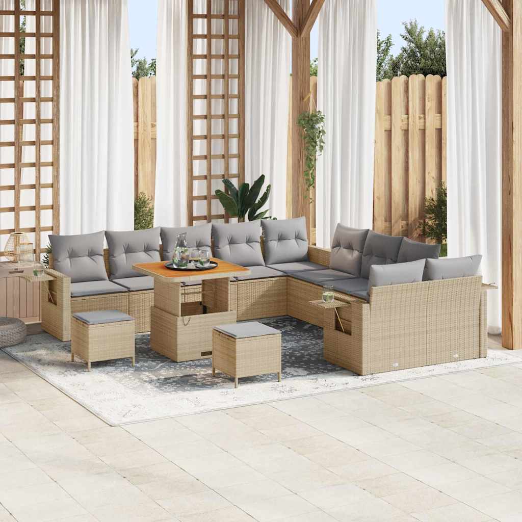 13-teiliges Garten Sofa Set mit Kissen Beige Poly Rattan Akazie