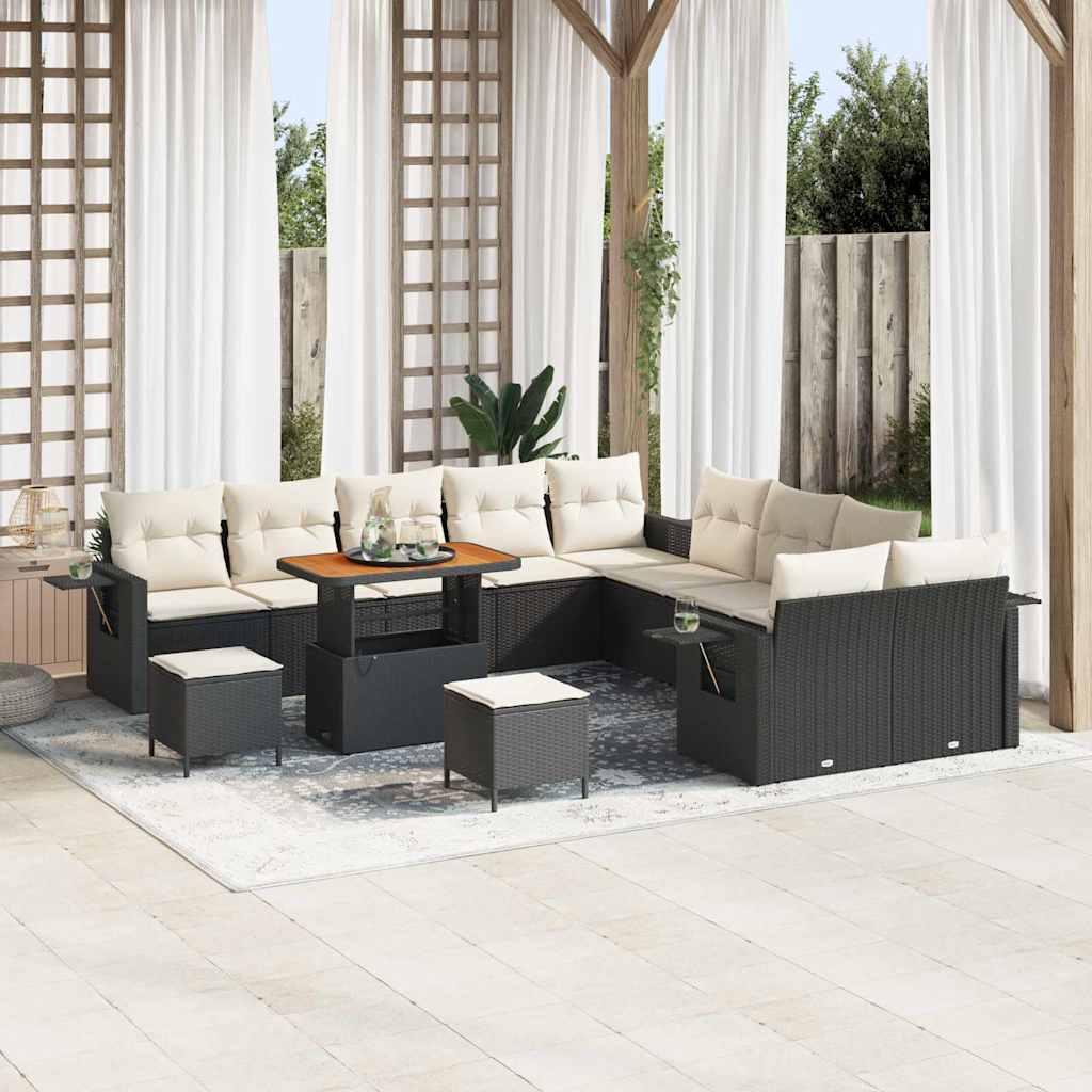 13-teiliges Garten Sofa Set mit Kissen Schwarz Poly Rattan Akazie