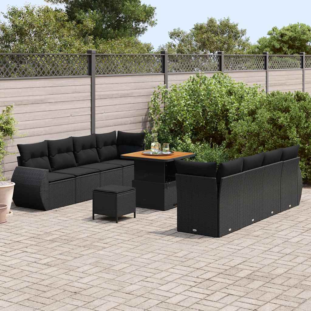 vidaXL 11-delige tuinset met kussens in zwart poly rattan en acacia