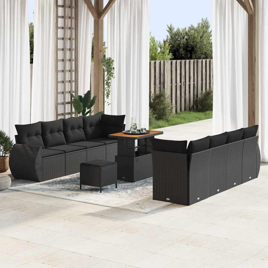 11-tlg. Garten-Sofagarnitur mit Kissen Schwarz Poly Rattan