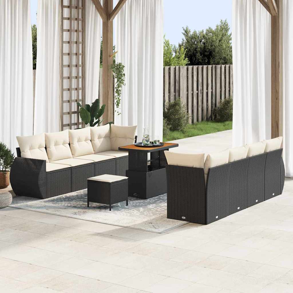 11-tlg. Garten-Sofagarnitur mit Kissen Schwarz Poly Rattan