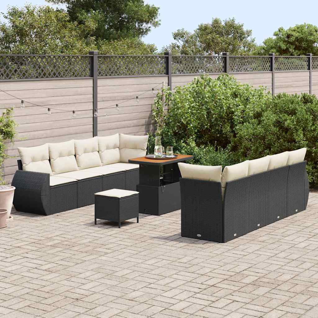 vidaXL 11-delige tuinset met kussens, zwart poly rattan, acacia