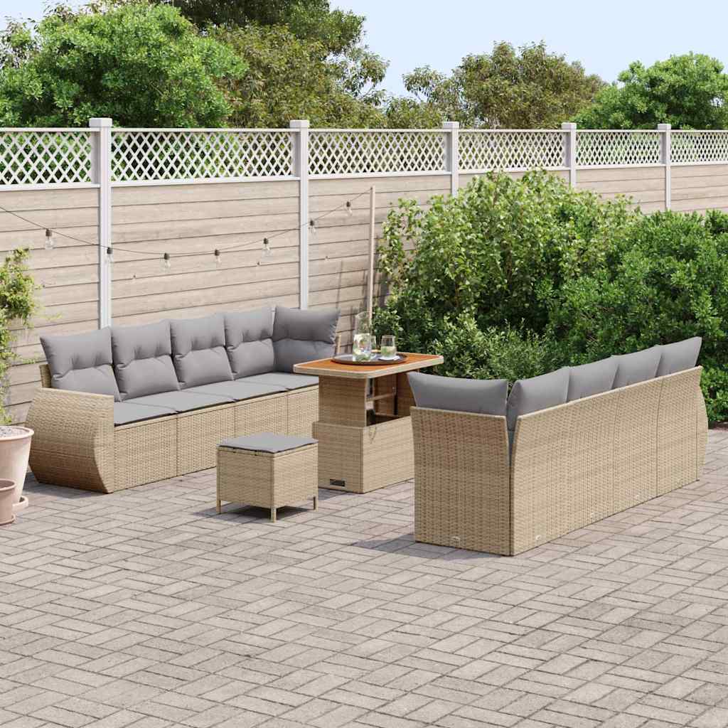 vidaXL 11-delige tuinbankset met kussens in beige poly riet en acacia