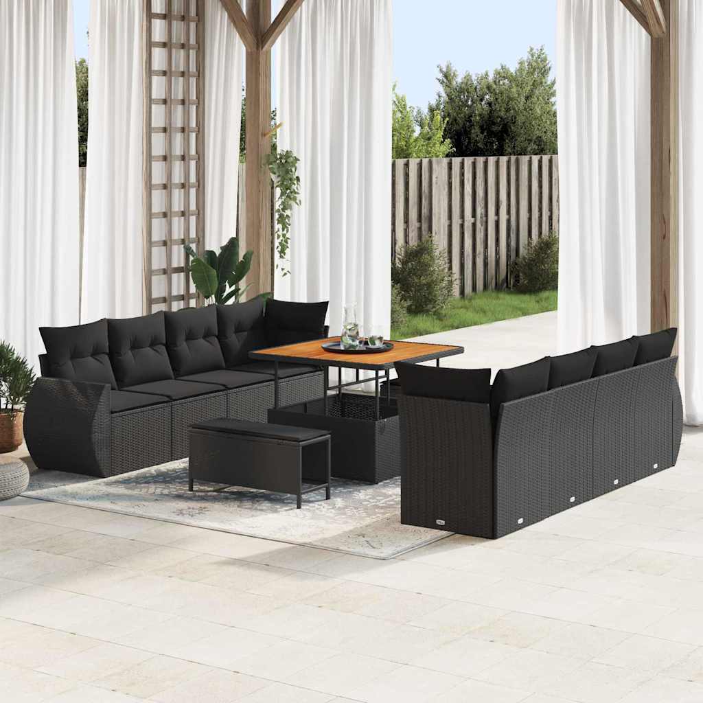 11 Stykke Have Sofa Sæt med Hynder Sort Poly Rattan Akacietræ&&vidaXL 3 Stykke Have Spisesæt med Hynder Sort Poly Rattan Akacietræ