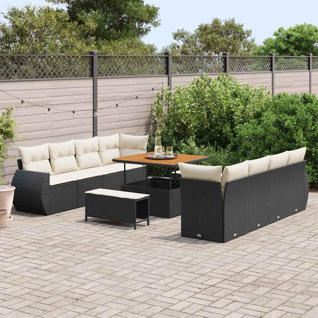 vidaXL 11-delige tuinset met kussens in zwart poly rattan en acacia.