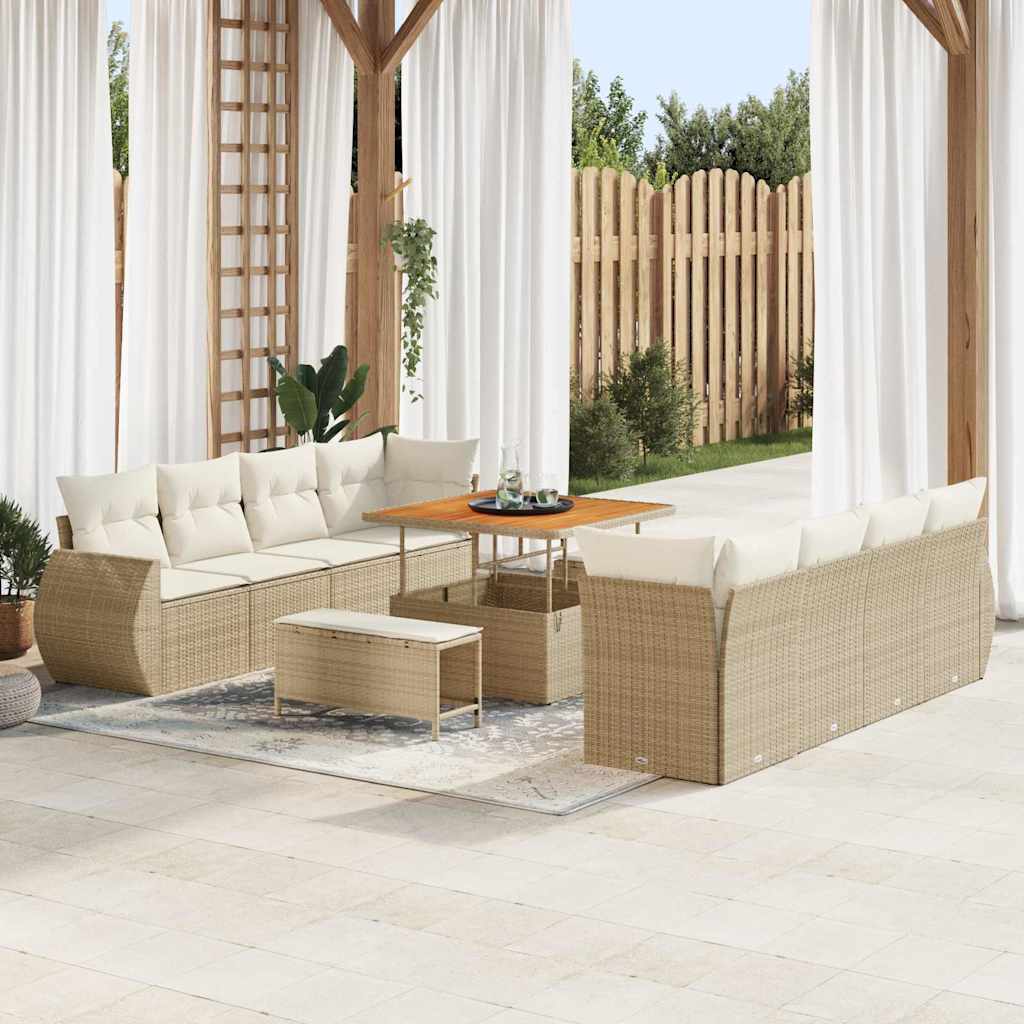 11 Delers Havesofa Sæt med Puder Beige Poly Rattan Acacia&&vidaXL 3 Delers Havespisestel med Puder Beige Poly Rattan Acacia