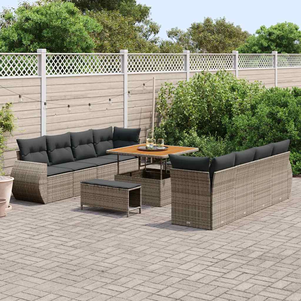 vidaXL 11-delige Tuinset met Kussens in Grijs Poly Rattan en Acaciahout