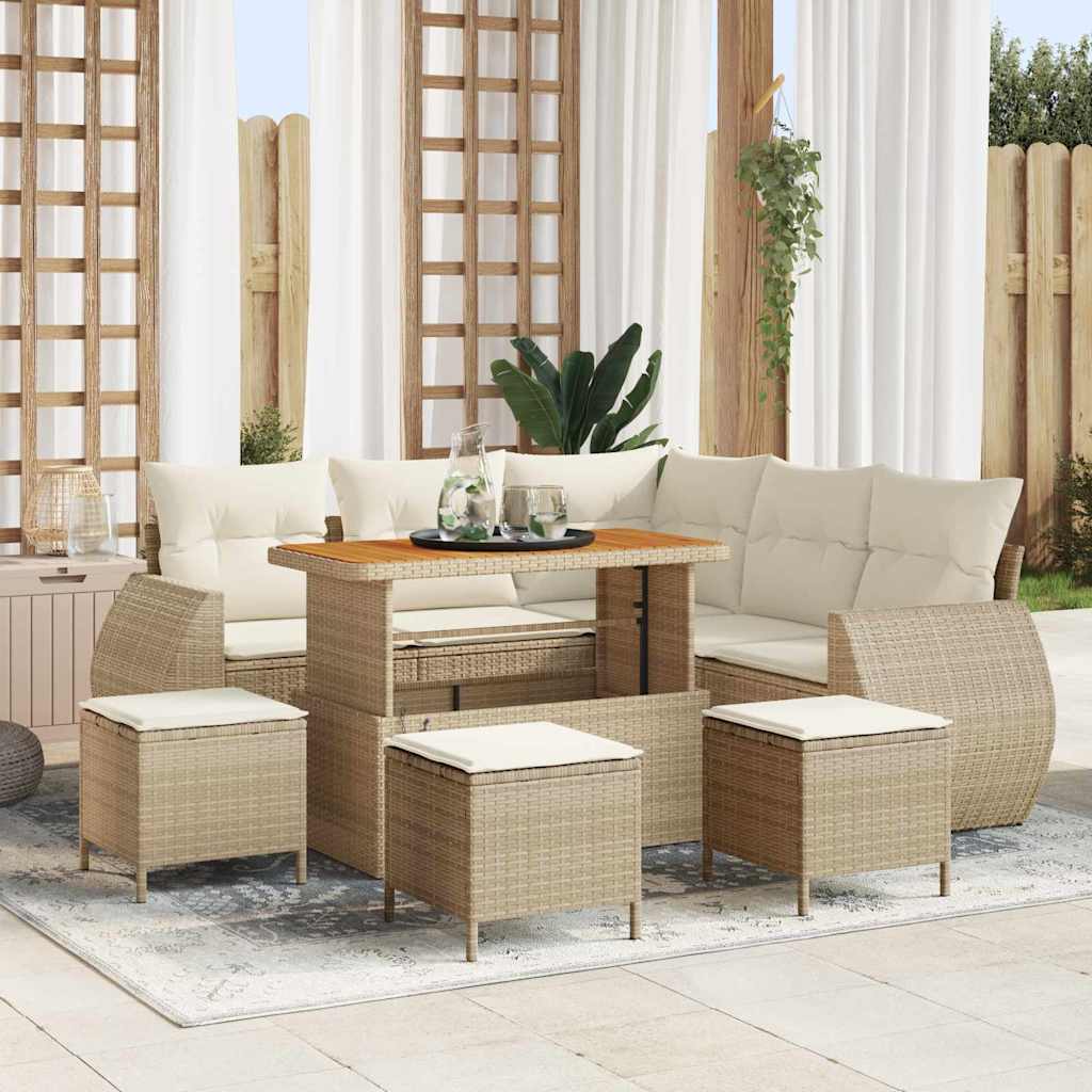 9 Piece Garden Sofa Set with Cushions Beige Poly Rattan Acacia