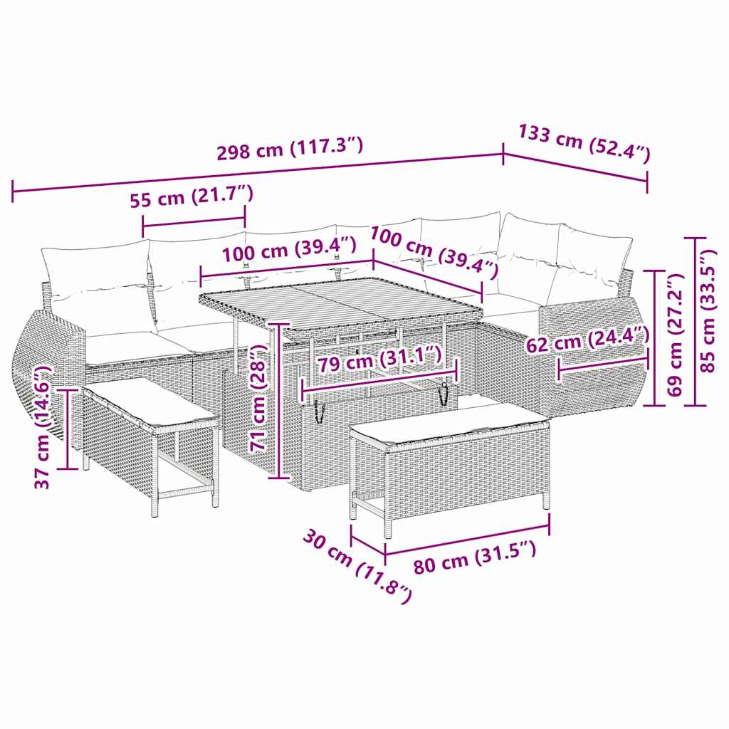 Sada zahradních pohovek s polštářem 9 pcs Šedá Poly Ratan - obrázek 18