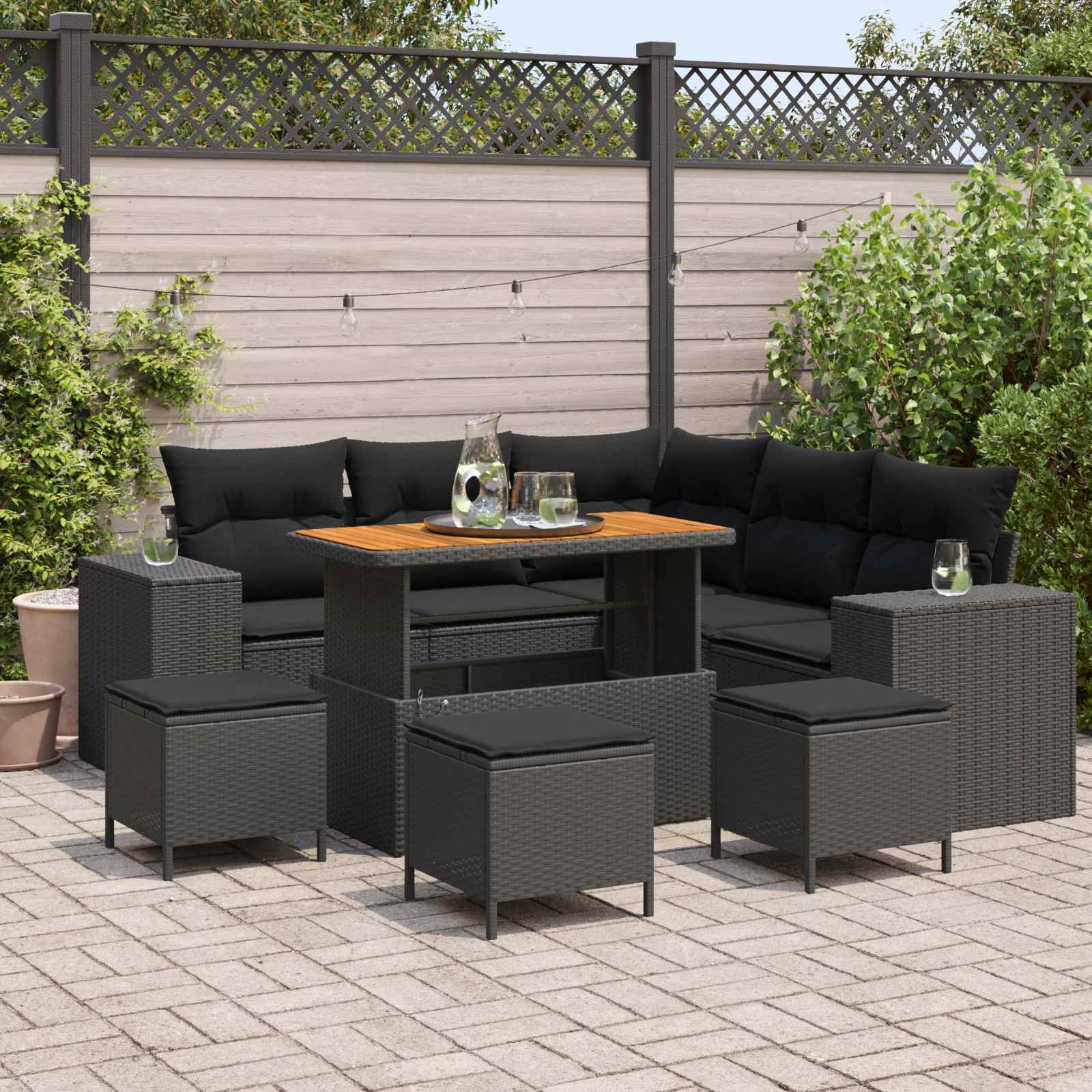 vidaXL Garten-Sofa-Set mit Kissen mit Speicher 9 pcs Schwarz