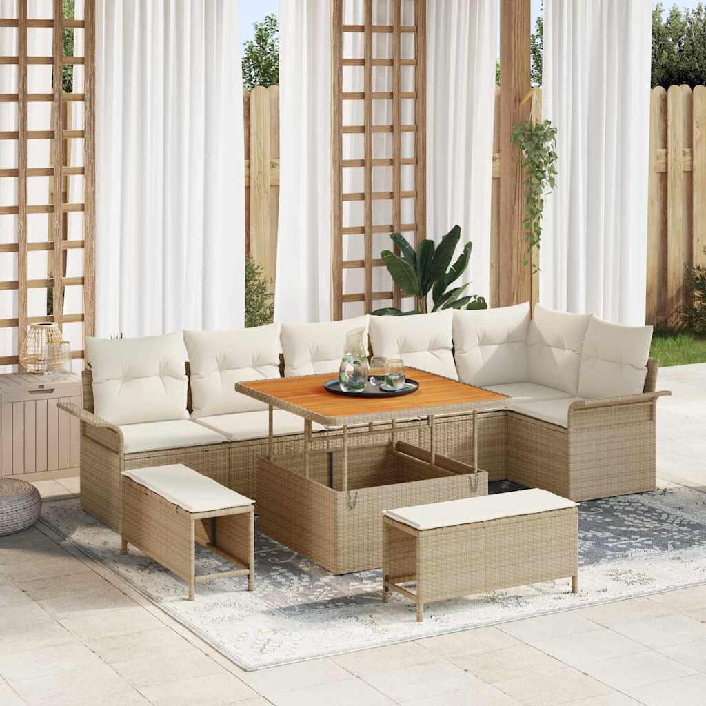9-teiliges Garten Sofa Set mit Kissen Beige Poly Rattan Akazie