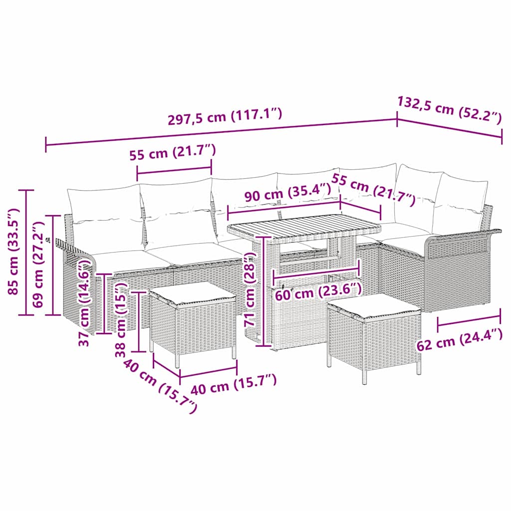Sada zahradních pohovek s polštářem s úložištěm 9 pcs Černá - obrázek 18