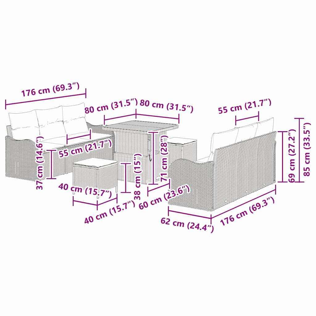 Sada zahradních pohovek s polštářem 9 pcs Černá a krémová - obrázek 15