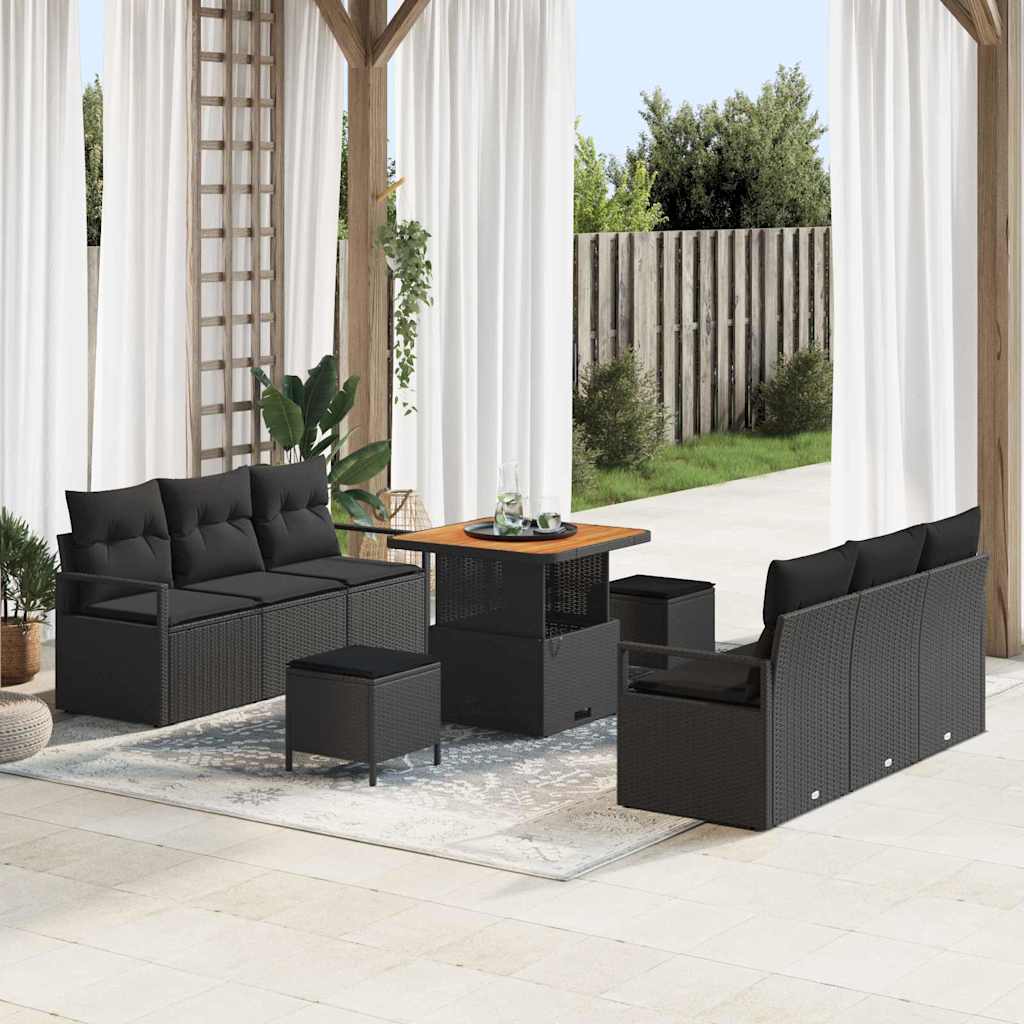 9 Stk Have Sofa Sæt med Puder Sort Polyrattan Akacie, vidaXL 2-sæders Have Sofa med Opbevaring & Puder Sort Polyrattan, vidaXL 3 Stk Have Spisestuebord med Puder Sort Polyrattan Akacie