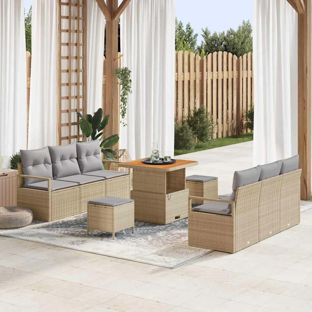 9-piece garden sofa set with cushions in beige poly rattan, acacia wood, vidaXL 2-seater garden sofa for storage and with cushions in beige poly rattan, vidaXL 3-piece garden dining set with cushions in beige poly rattan, acacia wood