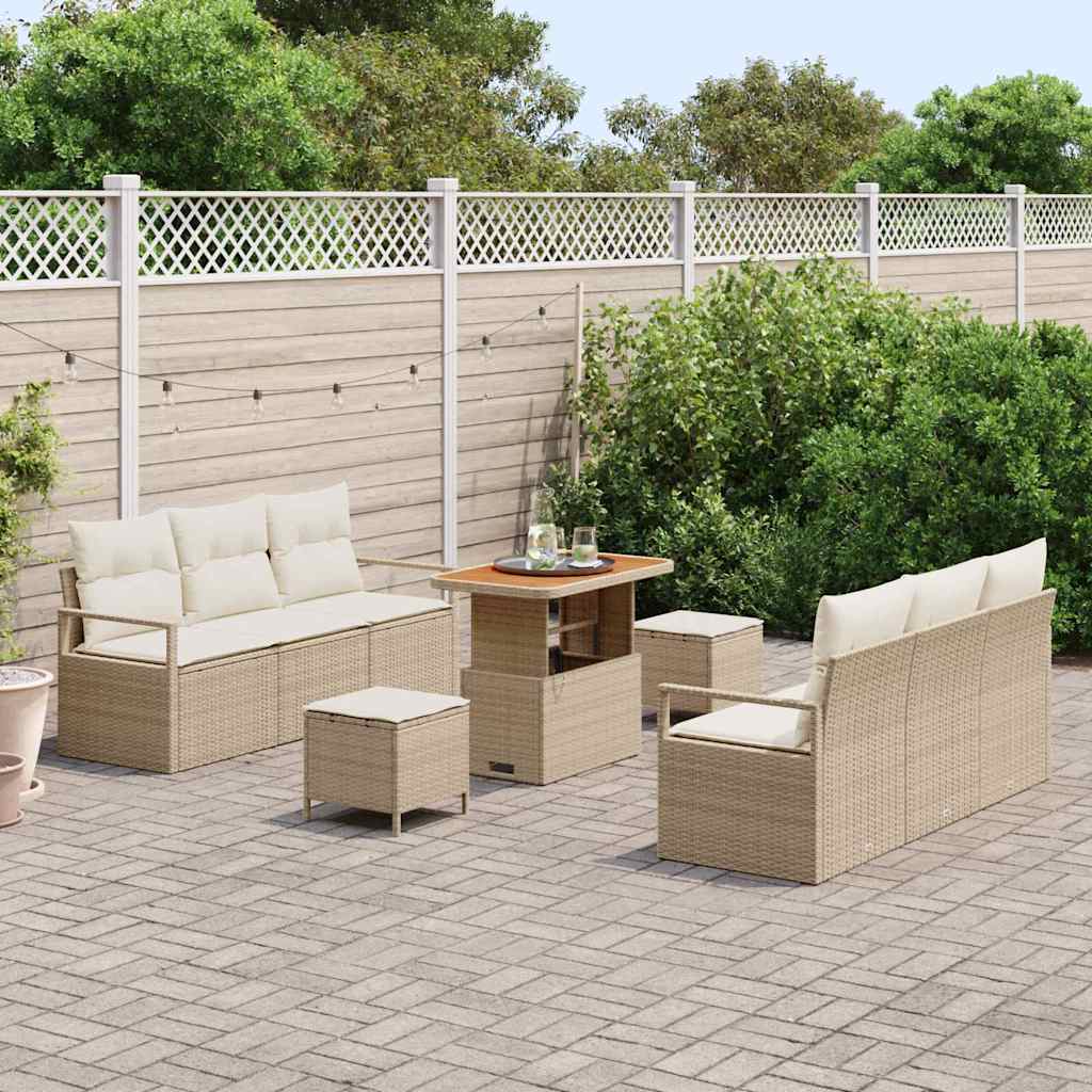 vidaXL 9-delige tuinset met kussens in beige, van poly rattan en acacia.