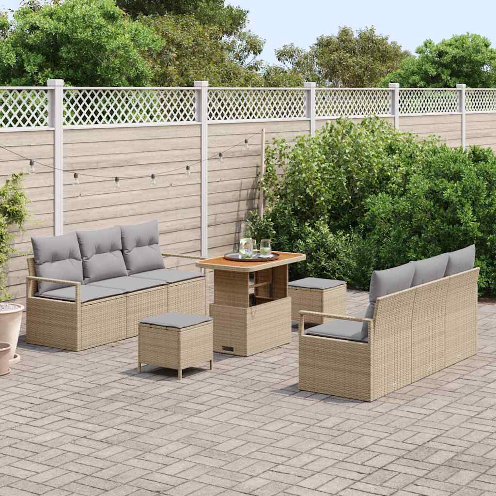 vidaXL 9-delige tuinsofa set met kussens in beige poly rattan en acacia.