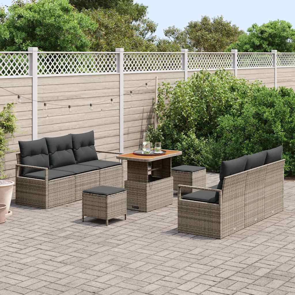 vidaXL 9-delige tuinbankset met kussens in grijs poly rattan en acacia