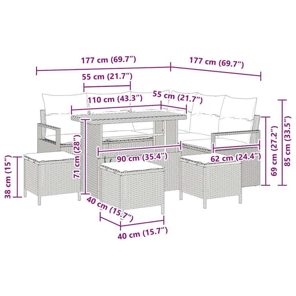 Sada zahradních pohovek s polštářem s úložištěm 9 pcs Černá - obrázek 18