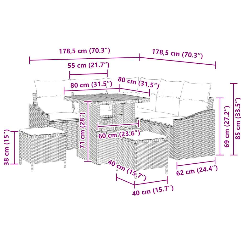Vrtna sedežna garnitura z blazino 8 pcs Siva Poly ratan - slika 10