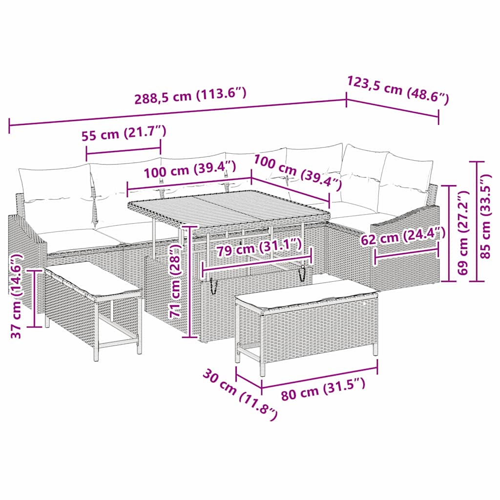 Dārza dīvānu komplekts ar spilvenu ar uzglabāšanu 9 pcs Melna