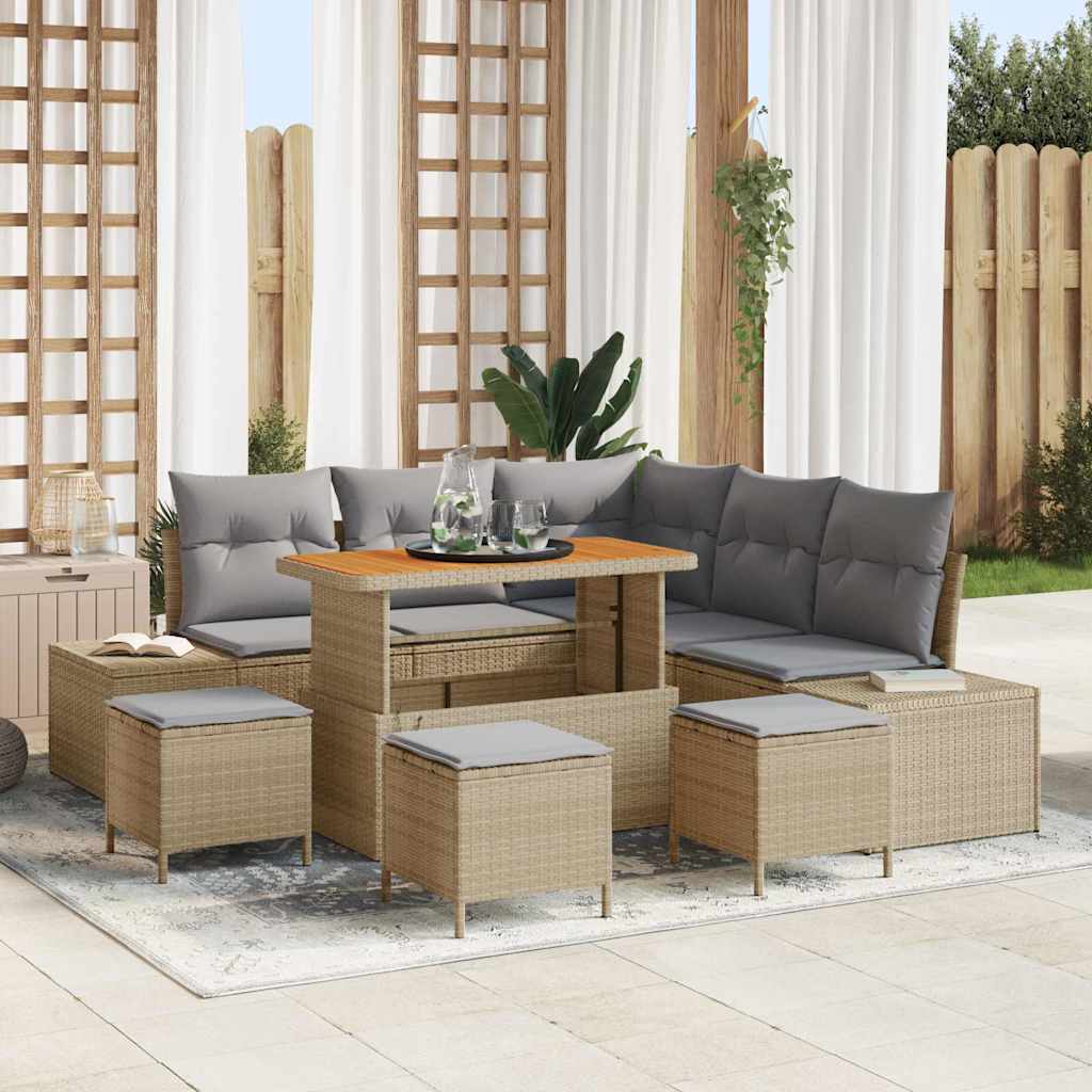 vidaXL 9-teiliges Gartensofa-Set mit Kissen in Beige aus Poly-Rattan und Akazie.