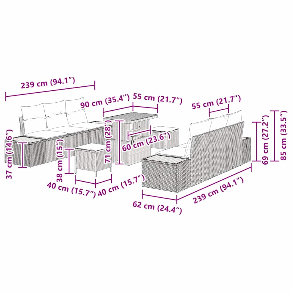 Sada zahradních pohovek s polštářem 9 pcs Šedá Poly ratan - obrázek 15