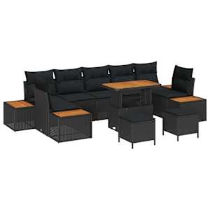 Sada zahradních pohovek s polštářem 10 pcs Černá Poly ratan - obrázek 2