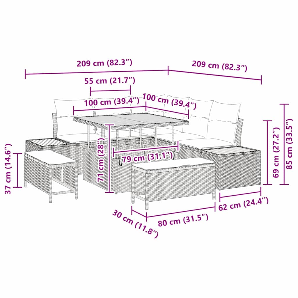 Sada zahradních pohovek s polštářem 8 pcs Černá Poly ratan - obrázek 18