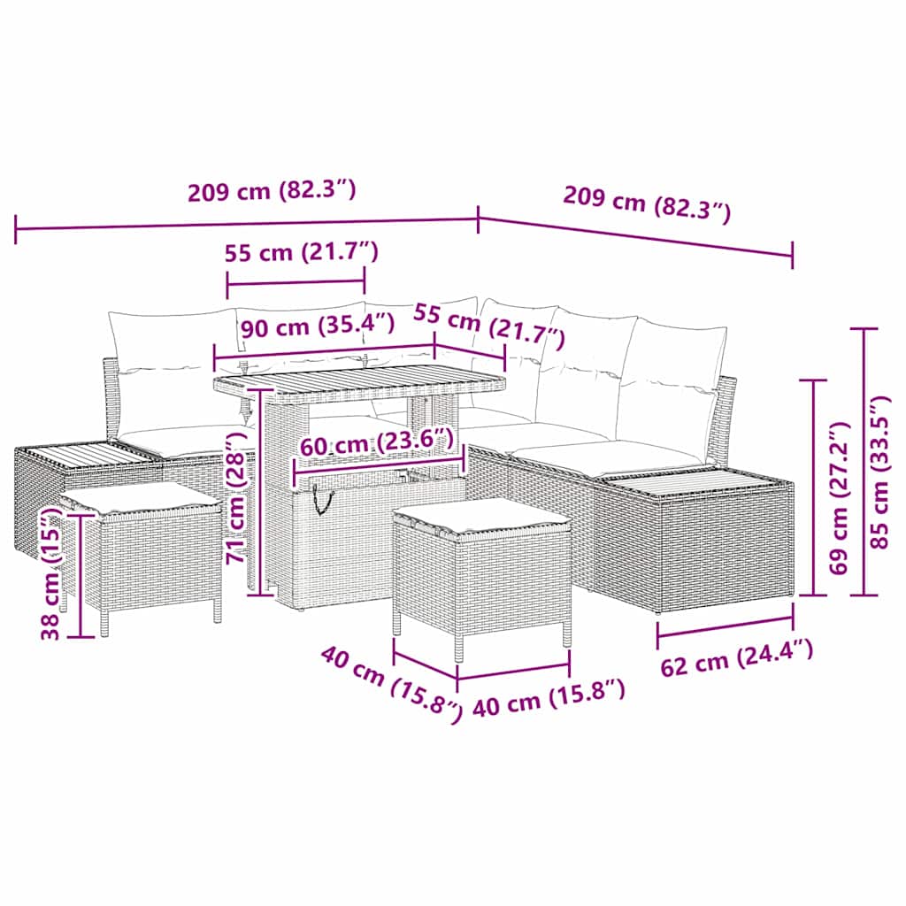Sada zahradních pohovek s polštářem 8 pcs Černá Poly ratan - obrázek 18